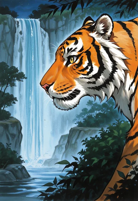 no humans, tiger, walking, bush, from side, animal focus, (close-up:1.5), eye focus,
BREAK
night, waterfall, darkness,
BREAK
<lora:Ink_wash_painting_style_from_Doubao_AI:0.8> dbiwpstyle, traditional media, retro artstyle,
BREAK
best quality, masterpiece, very aesthetic, absurdres, highest detailed, very awa, detailed background,