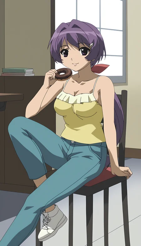 score_9, source_anime BREAK, oldest, anime screencap, indoors, living room, day, chair, sitting on chair<lora:Chiaki YoshiKawa(Pony):1>ChiakiYoshikawa, 1girl, solo, short hair, low ponytail, purple hair, hair ornament, hairclip, hair ribbon, frilled camisole, yellow frilled camisole, turquoise pants, path, looking at viewer, pose, light smile,
nsfw, breasts, medium breasts, (cleavage cutout), open clothes, nipples, covered nipples, white sneakers, holding food, doughnut, small doughnut,