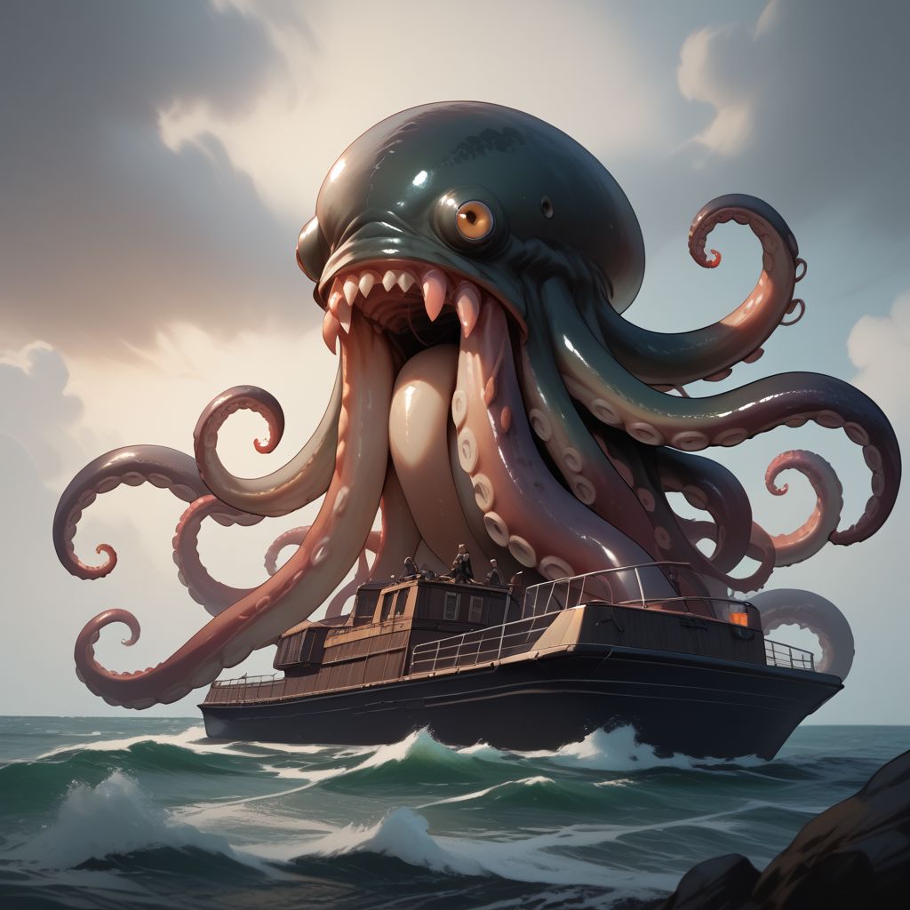 (score_9), (score_8_up), (score_7_up), (score_6_up), (score_5_up), (score_4_up), Gritty, noir, anime, Bright, (Cell Shading), (masterpiece), create the sea monster known as the kraken in a steampunk style, the kraken takes the shape of an octopus with a giant gaping maw with razor-sharp teeth, they take the shape of an octopus