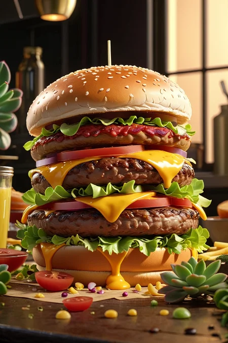 elasticity, extra-large, extra-layered hamburger, scattered, succulent, juice, <lora:add-detail-xl:0.64>, 8k, best quality, cinematic lighting, <lora:animeoutlineV4_16:0.12>, <lora:Cute_3D_Cartoon:0.32>,  <lora:negative_hand-neg:0.32>, Designed by Bage