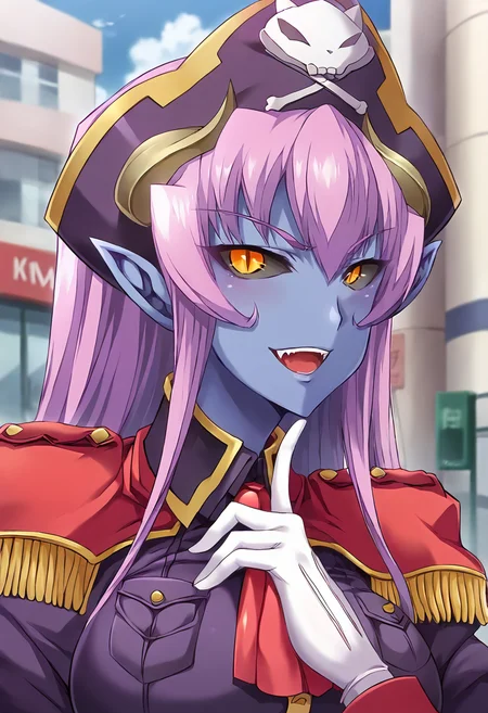 score_9, score_8_up, score_7_up, source_anime, masterpiece BREAK ct_efa, blue skin, pink hair, long hair, large breasts, demon horns, slit pupils, grey sclera, pirate hat BREAK epaulettes, purple uniform, long sleeves, red ascot, white gloves, BREAK looking at viewer, outdoors, city, depth of field, standing, cowboy shot, upper body, smile, hand on chin, open mouth, smug, <lora:Efanatika_Pony_ct:1>