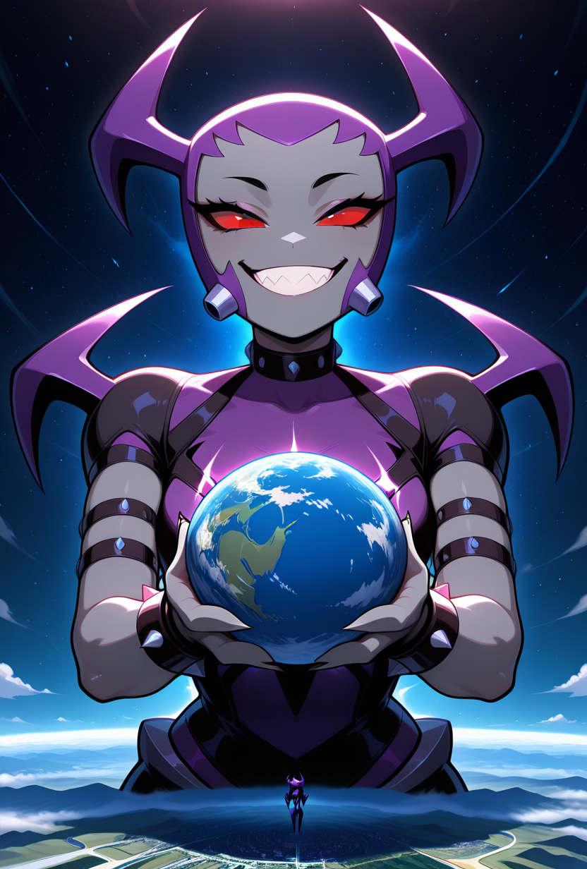 <lora:waybaddie-10:1> waybaddie, 1girl, grey skin, solo, demon girl, spikes, horns, red eyes, red sclera, collar, bracelet,, purple hair, sharp teeth, pose, claws, big mouth , smile, short sleeves, purple coots, 
giant character,, giantess ,  in space, holding earth, earth,  floating in space,, masterpiece, best quality, amazing quality, very aesthetic, absurdres, newest,