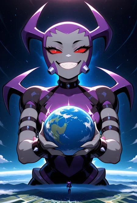 <lora:waybaddie-10:1> waybaddie, 1girl, grey skin, solo, demon girl, spikes, horns, red eyes, red sclera, collar, bracelet,, purple hair, sharp teeth, pose, claws, big mouth , smile, short sleeves, purple coots,
giant character,, giantess , in space, holding earth, earth, floating in space,, masterpiece, best quality, amazing quality, very aesthetic, absurdres, newest,