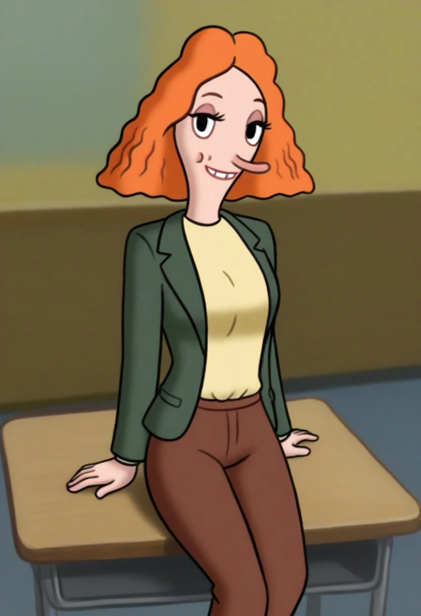 looking at viewer, sitting on desk, seductive, teasing, flirting, smiling, MarLH_TP, 1 woman, solo, orange hair, green blazer, yellow shirt, brown pants, black slip ons, long nose, parted hair,