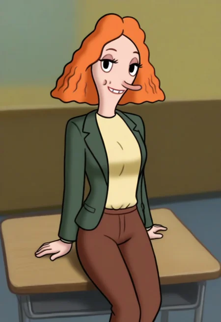 looking at viewer, sitting on desk, seductive, teasing, flirting, smiling, MarLH_TP, 1 woman, solo, orange hair, green blazer, yellow shirt, brown pants, black slip ons, long nose, parted hair,