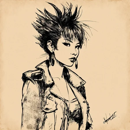 body drawing of a (punk girl:1.4) at (streets of tokyo:1.5) at midnight in style of <lora:skrmk05:3>, pen, ink, pencil, sketch, line art drawing . professional, sleek, modern, minimalist, graphic, line art, vector graphics, breathtaking . award-winning, professional, highly detailed
