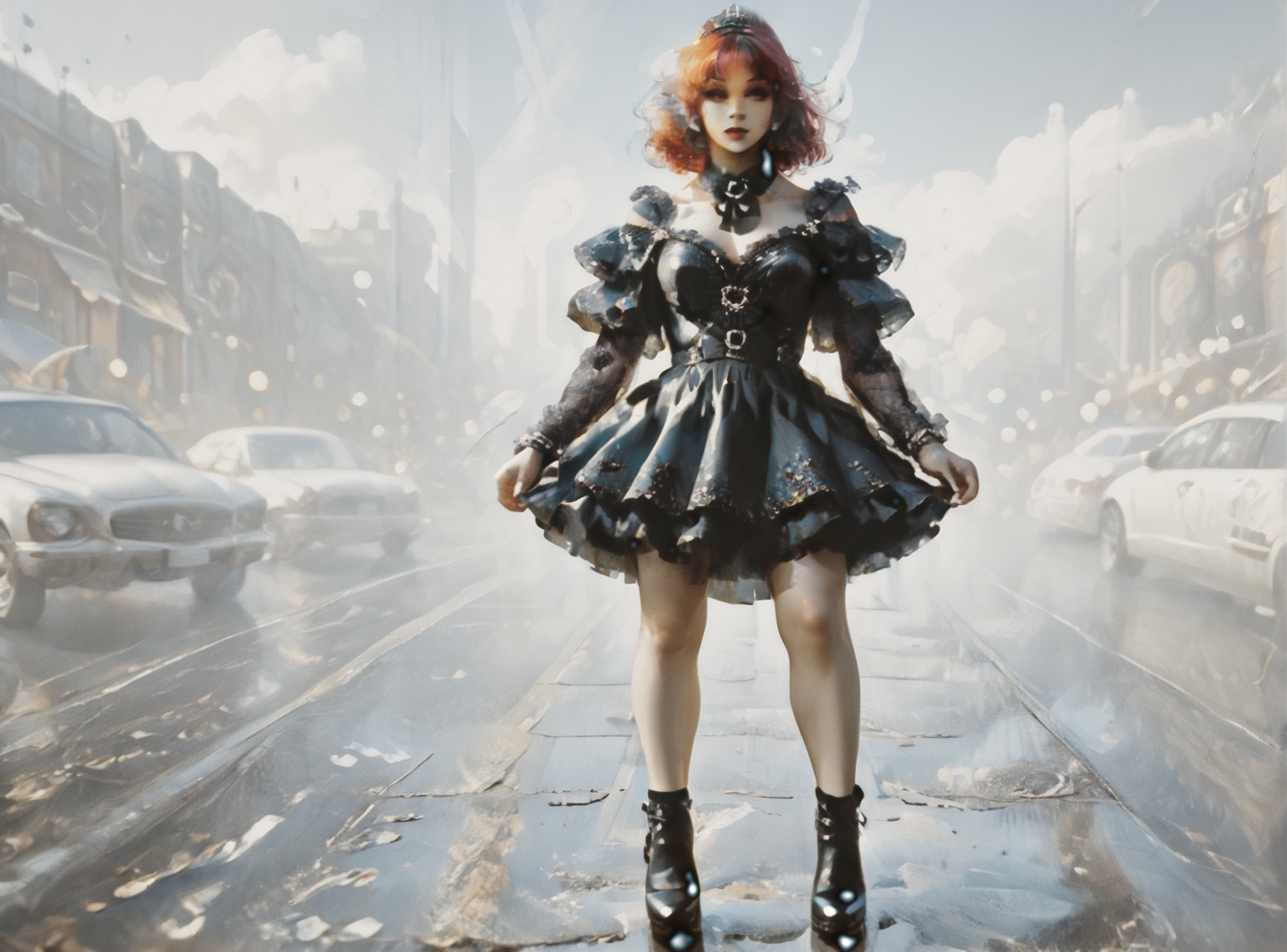 score_9, score_8_up, score_7_up, setting focus, character in foreground, establishing shot, woman, pale skin, large breasts, <lora:sm0k3XLP:1>, <lora:goth_clothes:1>, goth dress, gothic, black dress, detailed dress, black high heeled shoes, Shoulder length hair, unnatural haircolor, <lora:Our_Muted_Future_Style:1>, <lora:PsychedelicDream:1> psychedelicdream,