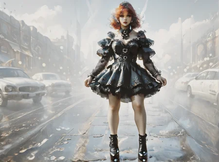 score_9, score_8_up, score_7_up, setting focus, character in foreground, establishing shot, woman, pale skin, large breasts, <lora:sm0k3XLP:1>, <lora:goth_clothes:1>, goth dress, gothic, black dress, detailed dress, black high heeled shoes, Shoulder length hair, unnatural haircolor, <lora:Our_Muted_Future_Style:1>, <lora:PsychedelicDream:1> psychedelicdream,