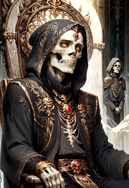 8k, score_9, score_8_up, score_7_up, Art Noveau, masterpiece, 1man (skeleton), (skull face), empty eye sockets, glowing yellow eyes, grey skin,
intricate black robe, intricate gold sash, black pants, black hood, gold trim, black capelet, high collar, pointy ears, long sleeves, long intricate gloves, emerald amulet. bracers,
sitting on throne, dark ruined palace, indoors,