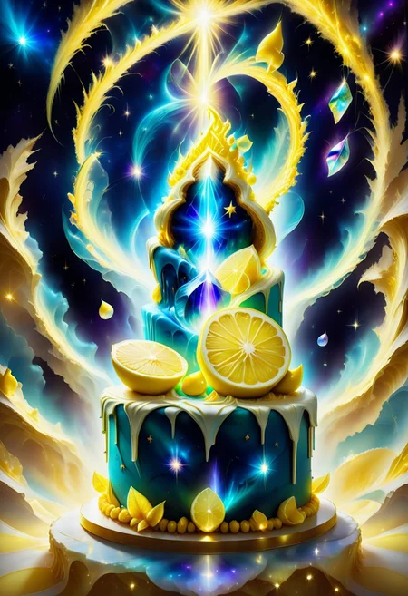 a lemon cake surrounded with golden stardust and golden mist, detailed with lemon pieces, golden glow behind, detailed with blue aura quartz by jed-auraquartz,, stardust