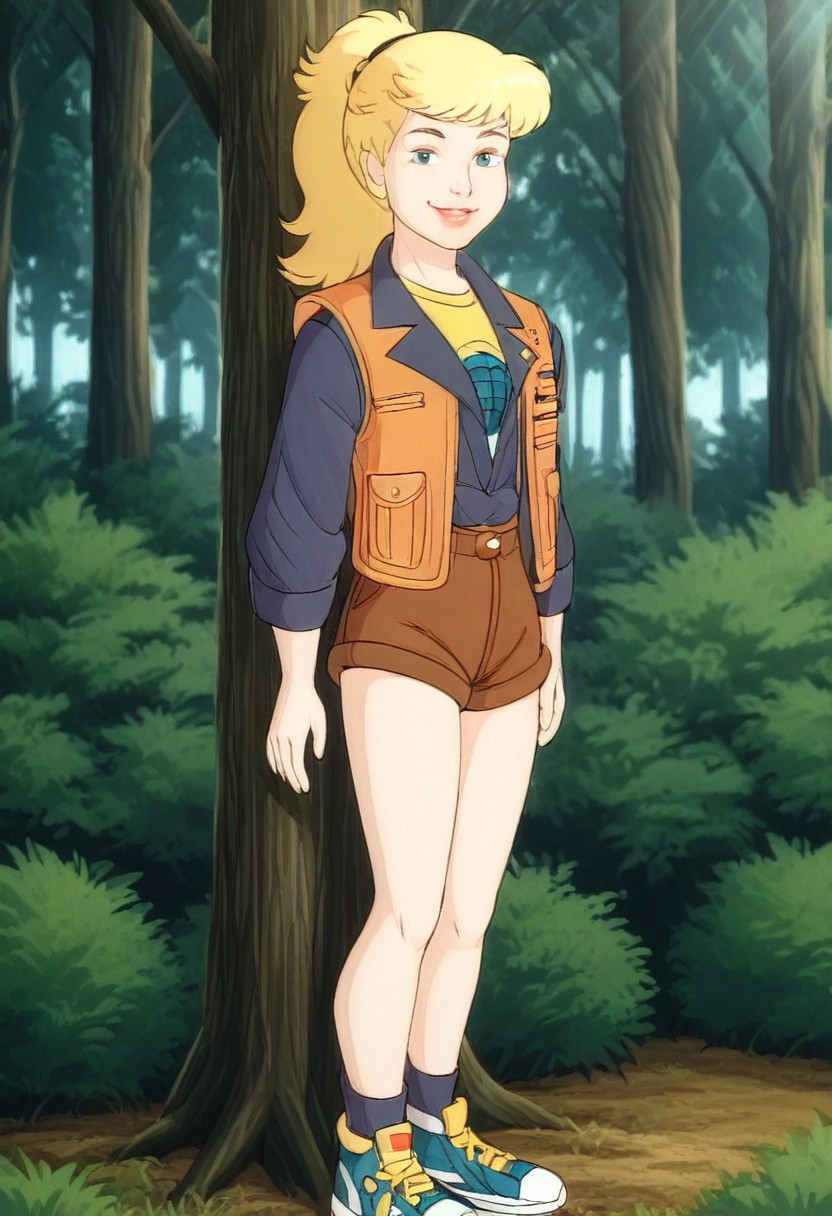 jacket, vest, shirt, short shorts, socks, sneakers,
outdoors, day, forest, tree, grass, bush, sunlight, depth of field, blurry background,
1girl, solo, standing, looking at viewer, smile, against tree,  xlinkax, blonde hair, long hair, ponytail, blue eyes, lipgloss, eyelashes, eyebrows,