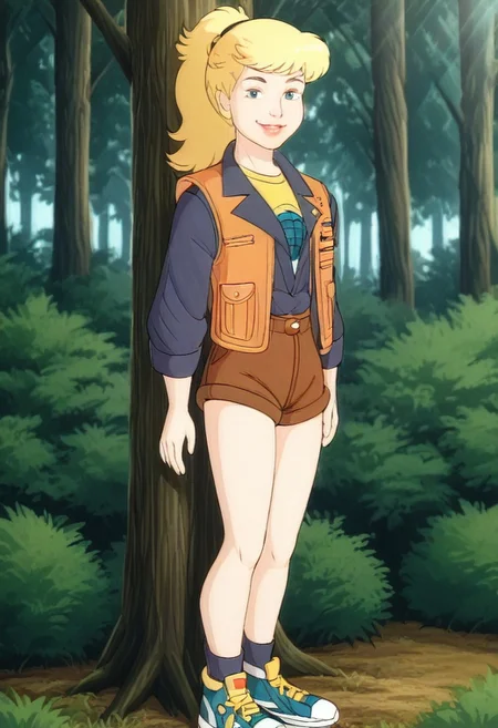 jacket, vest, shirt, short shorts, socks, sneakers,
outdoors, day, forest, tree, grass, bush, sunlight, depth of field, blurry background,
1girl, solo, standing, looking at viewer, smile, against tree,  xlinkax, blonde hair, long hair, ponytail, blue eyes, lipgloss, eyelashes, eyebrows,