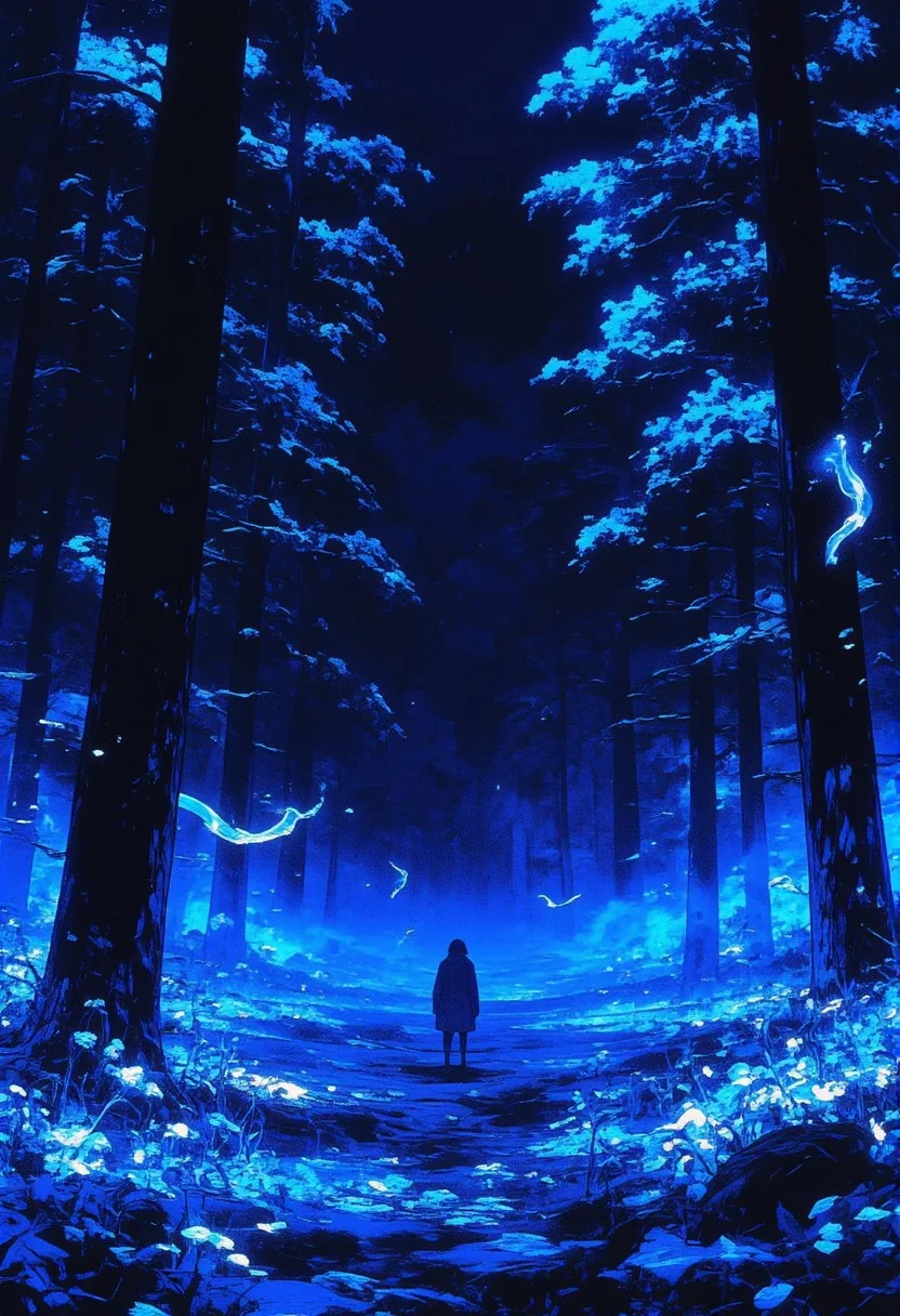Enchanted forest at night, bathed in an ethereal blue glow. Tall trees with delicate, silhouetted branches stretch into the sky under a deep midnight hue. The ground shimmers with luminescent blue flowers, pulsing with soft light. Surreal, glowing worm-like creatures float and twist mid-air, their translucent bodies leaving faint trails of shimmering energy. The atmosphere feels alive, filled with mysterious, bioluminescent light and faint threads of energy weaving through the forest like whispers. A lone figure stands amidst the glowing flora, small and awe-struck, as the surreal creatures drift by. The entire scene evokes wonder, blending fantasy and sci-fi into a tranquil, dreamlike moment of alien beauty.