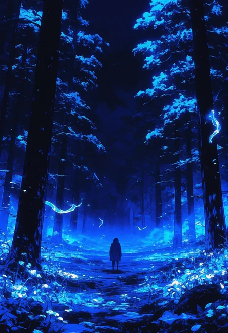 Enchanted forest at night, bathed in an ethereal blue glow. Tall trees with delicate, silhouetted branches stretch into the sky under a deep midnight hue. The ground shimmers with luminescent blue flowers, pulsing with soft light. Surreal, glowing worm-like creatures float and twist mid-air, their translucent bodies leaving faint trails of shimmering energy. The atmosphere feels alive, filled with mysterious, bioluminescent light and faint threads of energy weaving through the forest like whispers. A lone figure stands amidst the glowing flora, small and awe-struck, as the surreal creatures drift by. The entire scene evokes wonder, blending fantasy and sci-fi into a tranquil, dreamlike moment of alien beauty.
