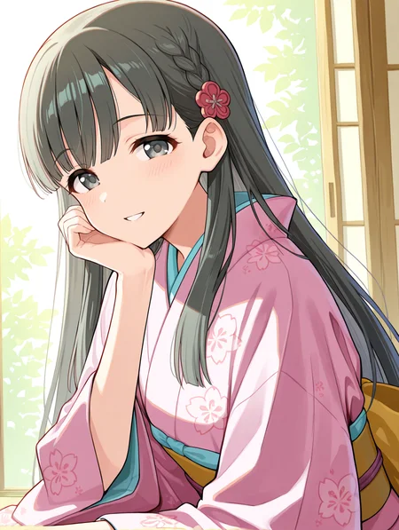 masterpiece,best quality,very aesthetic,absurdres,highres,newest,
1girl,solo,
kbykwse kimono,kobayakawa sae,black eyes,black hair,braid,eyebrows visible through hair,
japanese clothes,kimono,long hair,long sleeves,print kimono,shiny,shiny hair,wide sleeves,
flower,hair flower,hair ornament,highres,
bangs,blunt bangs,bow,
<lora:idolmaster_kobayakawa_sae_ill_v1.0:1>,