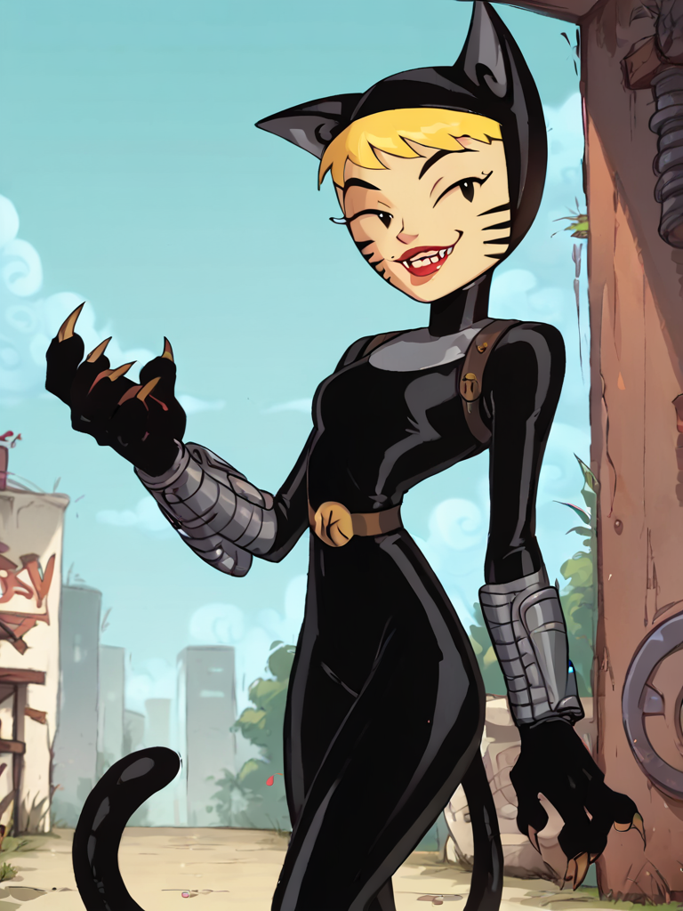<lora:KatnappePony1.0:0.9> katnappe, 1girl, blonde hair, solo, black bodysuit, bracer, lipstick, cat ears, smile, belt, whisker markings, tail, cat tail, short hair, claws, score_9, score_8_up, score_7_up, score_6_up  <lora:Smooth Anime Style LoRA XL:1>