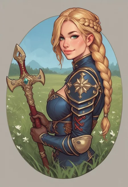 1girl, (((side view))), illustration, looking at viewer, highly detailed, from front,1girl, looking at viewer, highly detailed, skinny, looking at viewer, 1girl, masterpiece, best quality, full body portrait, 1girl, <lora:agrias-nvwls-v3:1> agrias, armor, corset, dark red dress, brown gloves, weapon, cross-laced boots, looking at viewer, sidelocks, braided ponytail, light green eyes, Romance, sci-fi, artificial intelligence, highly detailed
BREAK
slight smile, looking at viewer,
BREAK
long hair, blonde hair, hair over one eye, big hair,
BREAK
best quality, depth of field, bokeh, (((full clothed))) (best quality, high detail), ((masterpiece)), <lora:1_ino_20e:1>
BREAK
((((((field, mill)))))) score_9, score_8_up, score_7_up, score_6_up, source_cartoon, rating_explicit, Expressiveh, (((((upper body))))), dynamic pose