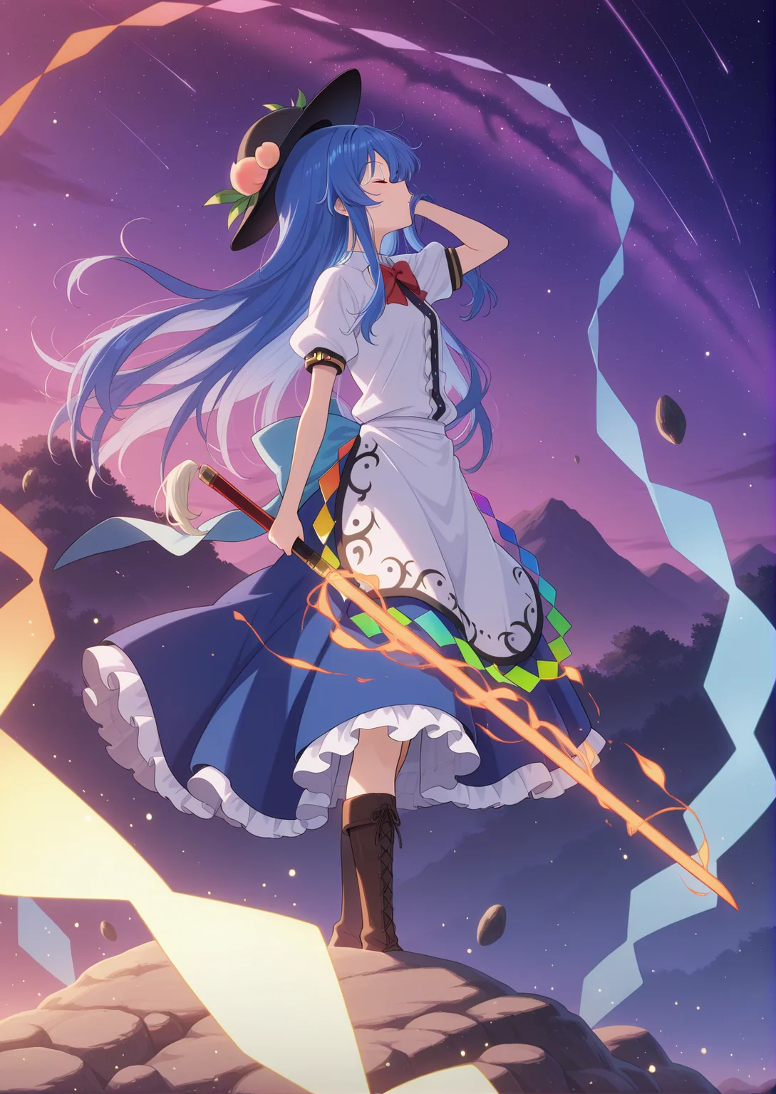absurdres, highres, masterpiece, best quality, amazing quality, official anime artwork, screencap, anime screencap, outdoors, dynamic pose,
<lora:Tenshi-Hinanawi_Illustrious:1> hinanawi tenshi, 1girl, solo, red eyes, blue hair, long hair, hat, peach hat oranement, red bowtie, white shirt, short sleeves, apron, petticoat, blue skirt, holding, sword of hisou, kaname-ishi ,
light particles, sky, starry sky, star, floating hair, rocks, closed eyes, looking up, adjusting hair, flying rocks,