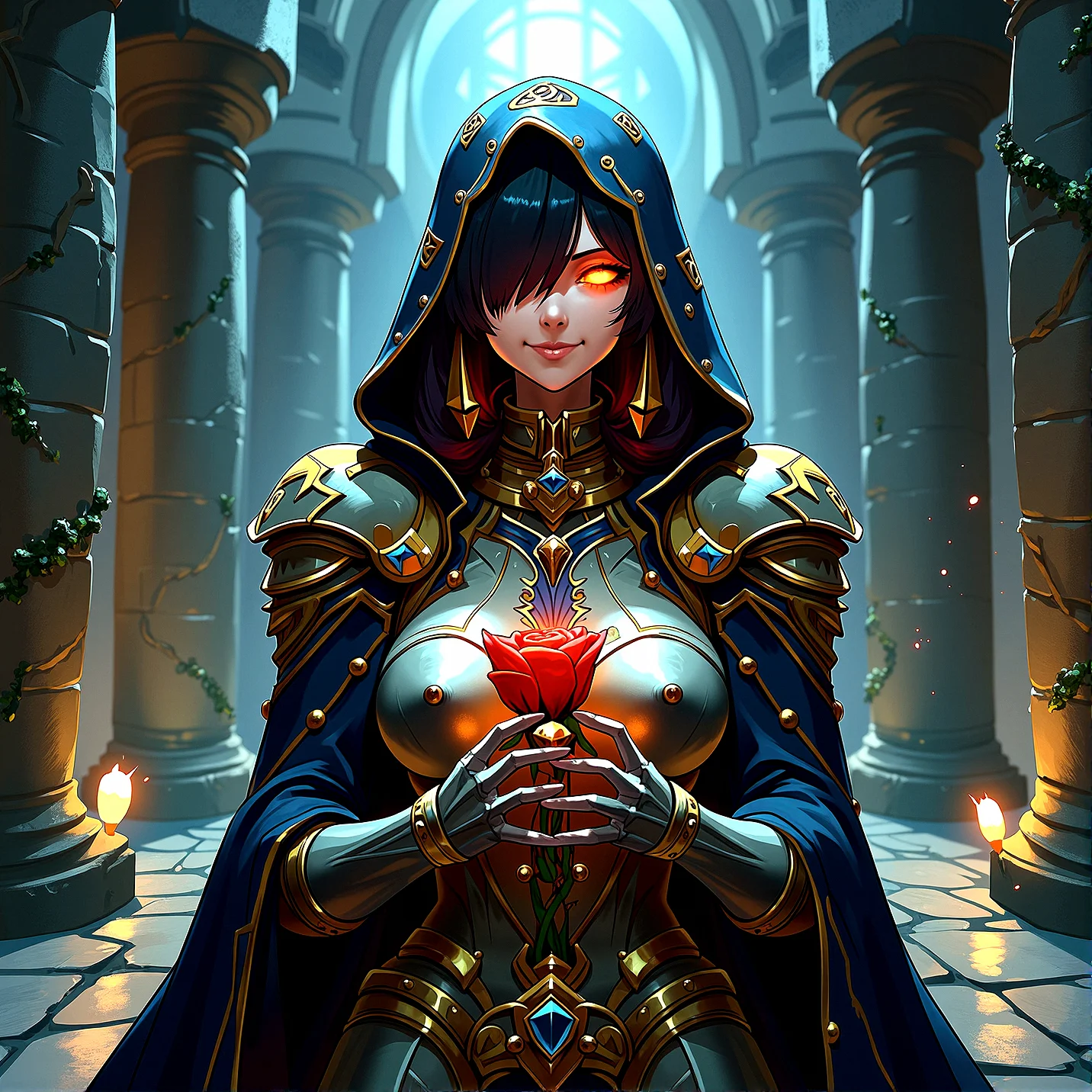 retro anime,
A cybernetic mystic, her face split between robotic and human features, stands in an ancient, shadowed corridor. She smiles with a glowing red eye, her hooded cloak adorned with golden circuitry patterns. Her armor, a blend of metal and glowing runes, suggests a perfect fusion of magic and technology. The digital artwork is a masterpiece of extreme realism, with perfect illumination, high contrast, and intricate, textured details.
Small, glowing crystal formations growing out of the stone walls, adding a magical touch.
Faint, worn golden inlays tracing along the walls and floors, suggesting a once grand and opulent past.
A soft, ambient glow emanating from the walls or floor, giving the scene a mystical aura.
Reflected light from the floor or walls, creating subtle highlights and adding depth to the scene.
Dynamic, moving shadows created by the flickering light sources, adding life and tension to the setting.
Dust particles floating in the beams of light, adding texture and a sense of stillness.
he character holds a rose delicately, close to their chest