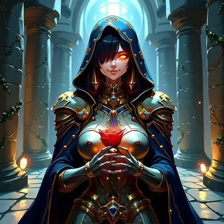 retro anime,
A cybernetic mystic, her face split between robotic and human features, stands in an ancient, shadowed corridor. She smiles with a glowing red eye, her hooded cloak adorned with golden circuitry patterns. Her armor, a blend of metal and glowing runes, suggests a perfect fusion of magic and technology. The digital artwork is a masterpiece of extreme realism, with perfect illumination, high contrast, and intricate, textured details.
Small, glowing crystal formations growing out of the stone walls, adding a magical touch.
Faint, worn golden inlays tracing along the walls and floors, suggesting a once grand and opulent past.
A soft, ambient glow emanating from the walls or floor, giving the scene a mystical aura.
Reflected light from the floor or walls, creating subtle highlights and adding depth to the scene.
Dynamic, moving shadows created by the flickering light sources, adding life and tension to the setting.
Dust particles floating in the beams of light, adding texture and a sense of stillness.
he character holds a rose delicately, close to their chest