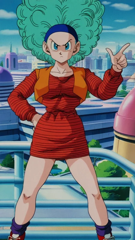 retro artstyle, source_anime, masterpiece, best quality, amazing quality, anime screencap, high quality, 8k, absurdres, official style, 1girl, solo, looking at viewer, standing, annoyed, hand on hip, pointing, city, <lora:Bulma_Mid_Z_iL:1>, 8u1m4 Z mid, blue eyes, aqua hair, mecha frieza saga, afro, red dress, striped, short dress, orange vest, breasts, medium breasts, long sleeves, socks, sneakers, red footwear,