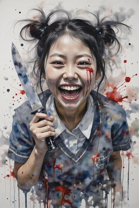 yawc1 watercolor.
masterpiece, best quality, amazing quality, very aesthetic, absurdres, newest, scenery, 1girl, toga himiko, teeth, open mouth, blood on face, smile, double bun, crazy eyes, holding knife, hand on own cheek, upper body, school uniform backlighting, from above, dutch angle, , close-up, photorealistic, dutch angle, (colorful), from above, (((paint splatter))),fisheye, , masterpiece, best quality, amazing quality, very aesthetic, absurdres, newest, scenery, volumetric lighting <lora:yawcolor_nocap_d6a3:1.0> <lora:Flux-Sch-SingleBlocks-BF16:1.0><lora:799115602422804683:0>
