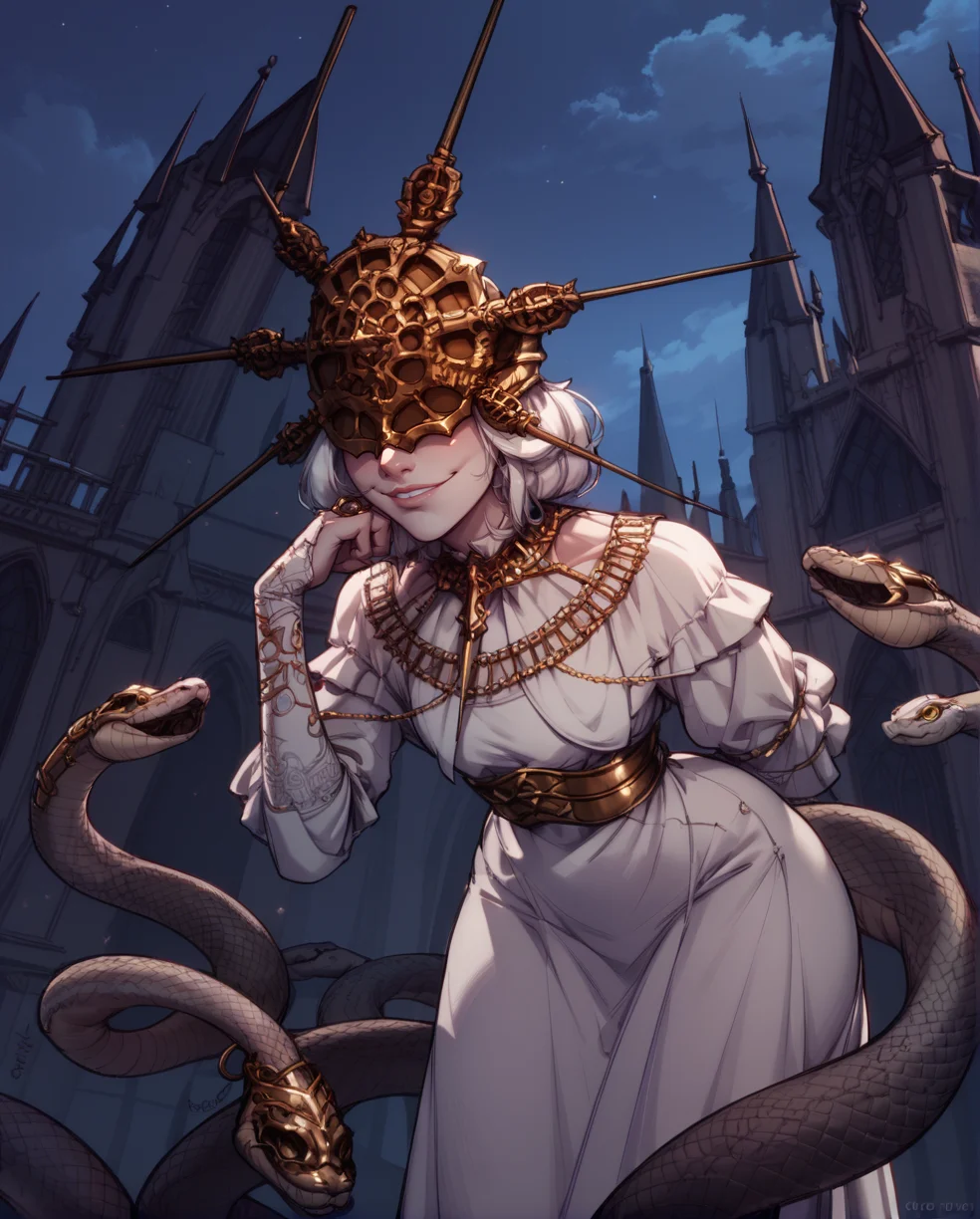 score_9,score_8_up,score_7_up,
Gwyndolin,white hair,gold mask,hips,
gold jewelry,white dress,long sleeves,light smile,
cathedral,night,leaning forward,
standing,from below,snake legs,solo,
<lora:Gwyndolin:1>,