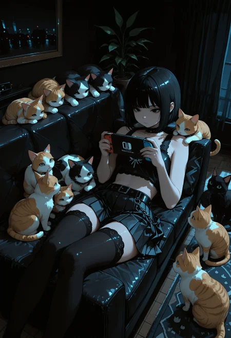 masterpiece, newest, absurdres, incredibly absurdres, best quality, amazing quality, very aesthetic, newest, no lineart, no outline, scenery, (dark theme:1.3), (chiaroscuro), 1girl, black hair, black eyes, bob cut, goth fashion, crop top, nail polish, bare shoulders, lace trim, pleated skirt, belt, midriff, thighhighs, zettai ryouiki, reclining, on couch, closed curtains, from above, playing games, holding nintendo switch, animal, tabby ginger cat, too many cats, solo, animal focus, (dark room:1.2), living room, decorative plants, warm light, usnr