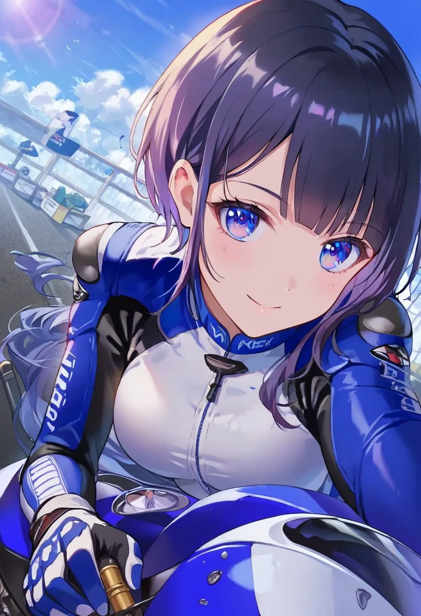 masterpiece, score_9, score_8_up, score_7_up, EasyNegative_v2, (best quality:1.1), ultra-detailed, high resolution, super detailed skin, beautiful detailed eyes, nsfw, Brightly Lit, Highly Visible, 8k, sharp focus, beautiful, perfect lighting, beautiful eyes, anatomically correct, anatomically correct face, extremely detailed eyes, smooth edges, beautiful face, source_anime, biker clothes, boots, blue&white bikesuit, knee pads, 1girl, face focus, elbow pads, gloves, ground vehicle, motorcycle, riding, leaning forward, reaching towards viewer, view from the side, biker clothes, bikesuit, helmet, motorcycle helmet, gloves, boots, knee pads, elbow pads,