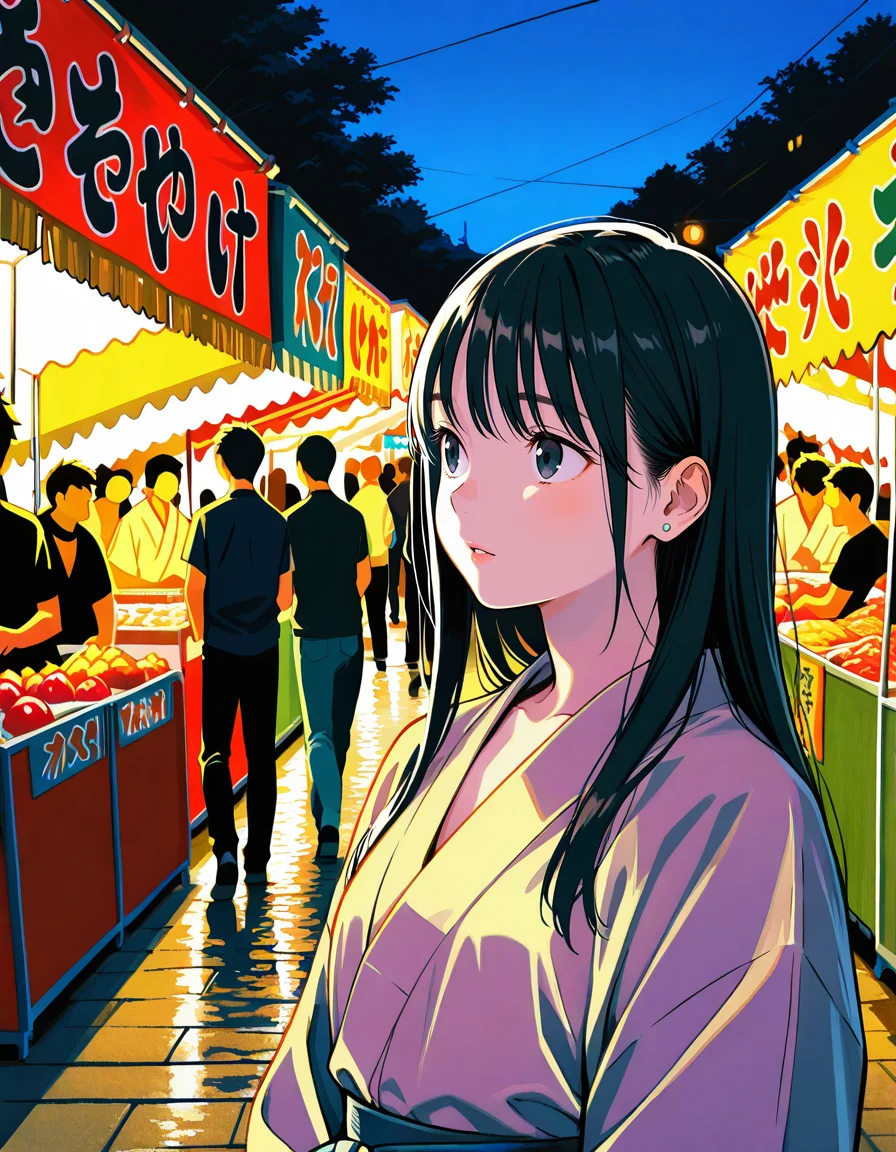 score_7_up, anime BREAK official art, solo, 1girl,
Black hair, (chest length hair:1.2), Straight Hair, bangs, one tucked behind ear, black eyes, feature large highlight, feature double highlights, shaped eyeblow,
<lora:natsumatsuri:0.8>, natsumatsuri,
festival, multiple girls, multiple boys, 6+girls, 6+boys, night, crowd, japanese clothes, stalls, food stand
photo background,
(masterpiece:1.3), best quality, high resolution, unity 8k wallpaper, extremely detailed CG, 8K, (watercolor \(medium\), muted color, sketch:1.1), perfect anatomy, highly finished, masterpiece, best quality, high quality, amazing quality, great quality, very aesthetic, ultra detailed, highres, absurdres, highly detailed, highly detailed background,