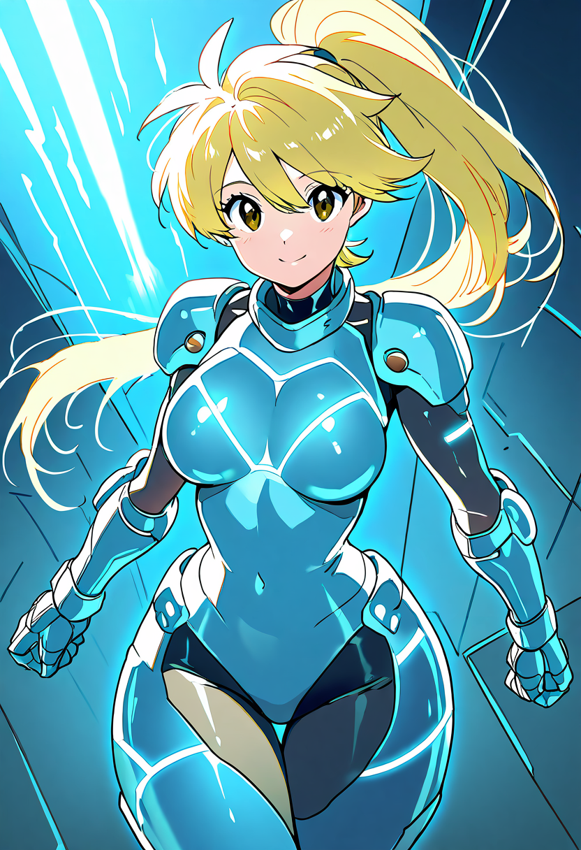 masterpiece, best quality, solo, curvy, beautiful eyes, narrow waist, wide hips, 1girl, solo, smile, looking at viewer, dynamic angle, foreshortening, close up,    zzYellow, brown eyes, blonde hair, long hair, ponytail, bangs,  , <lora:YellowPokemon_NAI:1.0>, [Cyber-Soldier], heavy-duty combat armor with glowing blue lines running through it, cybernetic implants visible on her arms, armored gloves with touch-sensitive sensors, reinforced boots with energy shields, standing in a dystopian warzone with a large mech unit behind her, glowing laser sights scanning the environment,