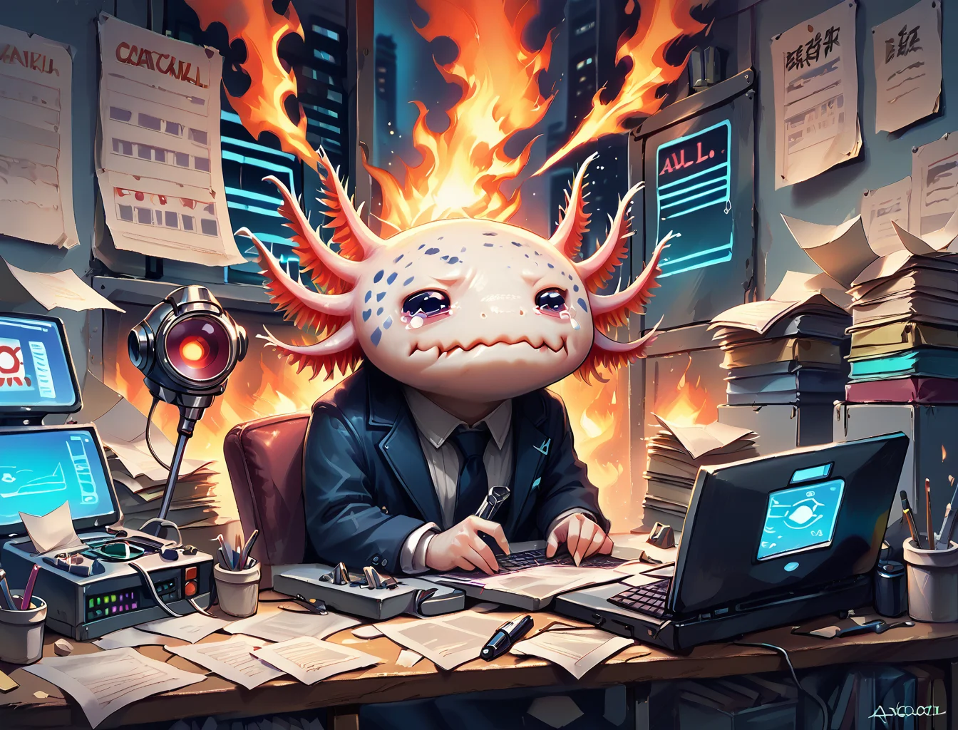score_9, score_8_up, score_7_up, BREAK, source_anime, (axolotl), aquacrying, wavy mouth, closed mouth, tearing up, 2d, in a computer server room, smoke, fire, oval head, frilly head, tears, detailed background, no humans, axomodelxl, chaos, office, embedding:zPDXL2, <lora:Lora Zip\pony\StS_detail_slider_v1.safetensors:1:1> <lora:concept_aquacrying_ponyXL.safetensors:1.4000000000000001:1.4000000000000001> <lora:Axomodel_PDXL.safetensors:1:1>