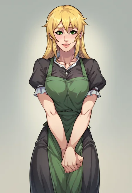 score_9,score_8_up,score_7_up,source_anime,zPDXL3,
*//*,<lora:Claires_ques_Characters_Pony:1>,claire_quest,1girl,solo,blonde hair,long hair,green eyes,black dress,green apron,puffy sleeves,breasts,lips,v arms,smile,