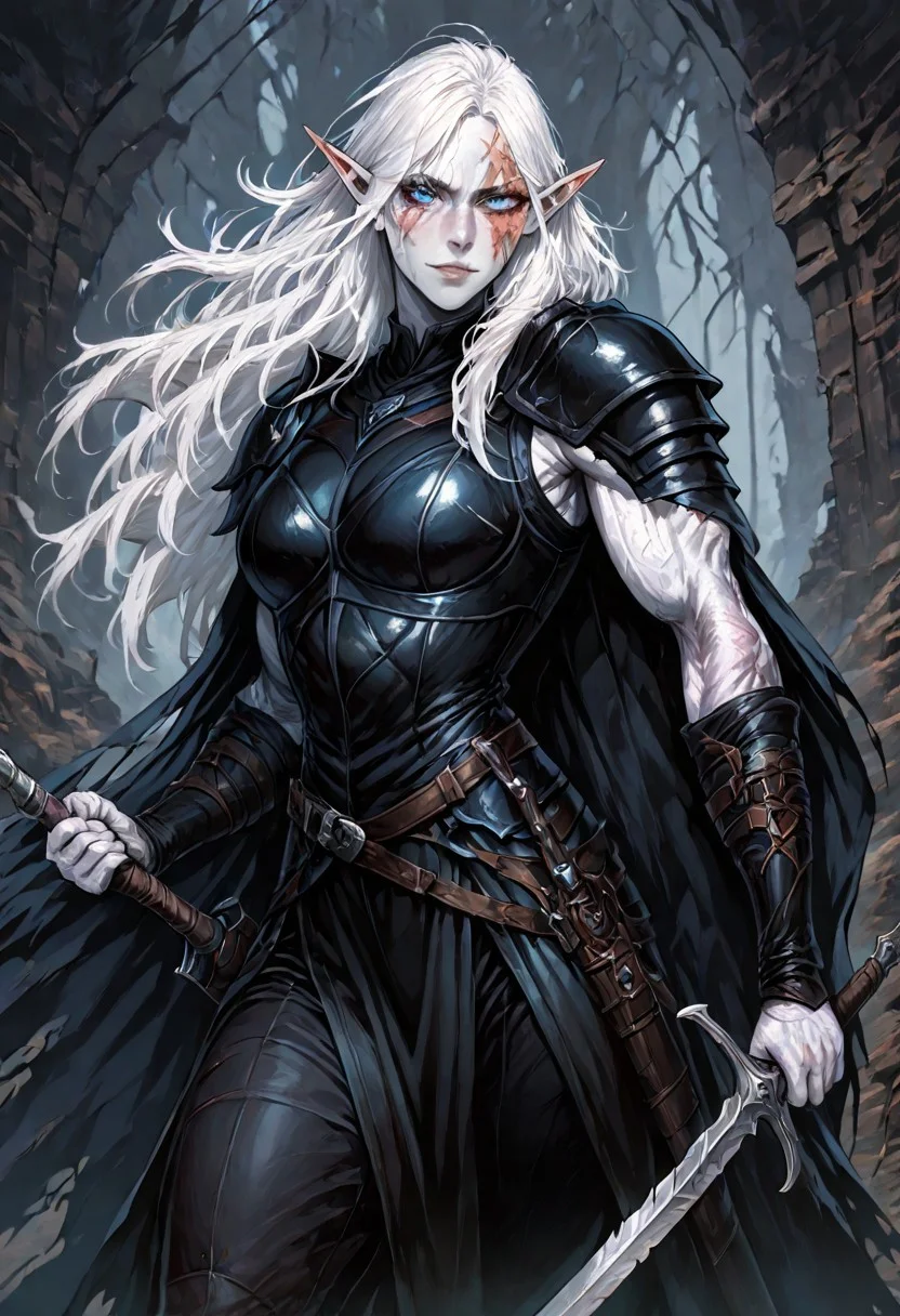 masterpiece, best quality, newest, absurdres, highres, DPWSV1.0, dynamic pose, holding sword, holding, holding weapon, weapon, sword,
1girl, MIRV1.0, pale, white skin, blue eyes, colored skin, toned, muscular, toned female, white hair, elf, pointy ears, scar, scar on face,
armor, cape, shoulder armor, black leather,