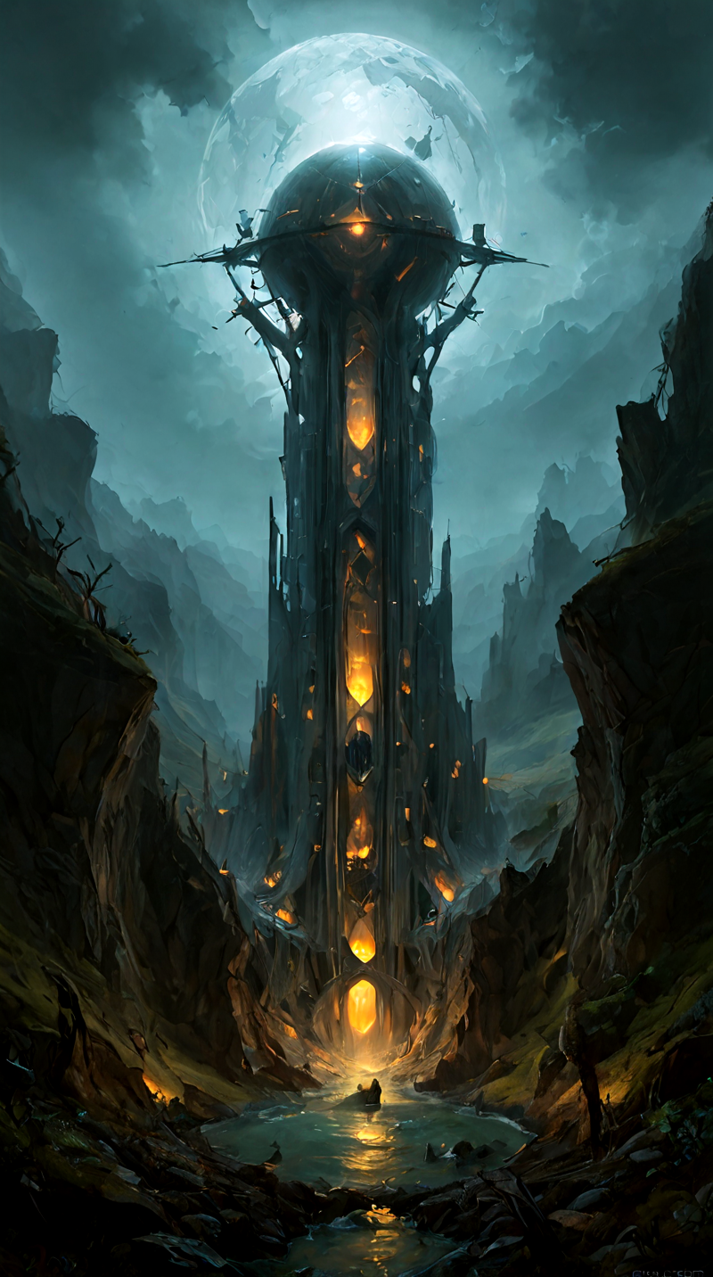 extremely detailed, landscape of an unknown planet, (futuristic monolith:1.8), the monolith is (covered:1.1) with minerals and rare crystals of an alien type, The crystal has sharp, geometric facets in shades of deep orange and blue, amethyst, and emerald, with a subtle internal glow, futuristic landscape, lake, cloudy weather, unreal engine 5, perfect composition, vibrant, rtx, hbao, extremely detailed, maximum resolution, 8k, (perfect composition:1.2), superior color grading, (realistic:1.4), (panoramic composition:1.5), (night photography:1.5), complementary colors, foggy atmosphere, lord of the rings style <lora:zavy-cntrst-sdxl:1> dark, chiaroscuro, low-key <lora:fallout_sdxl_lora:1> fallout, falloutart <lora:add-detail-xl:1> <lora:detailed_notrigger:1>  <lora:OilPainting:1> Oil Painting