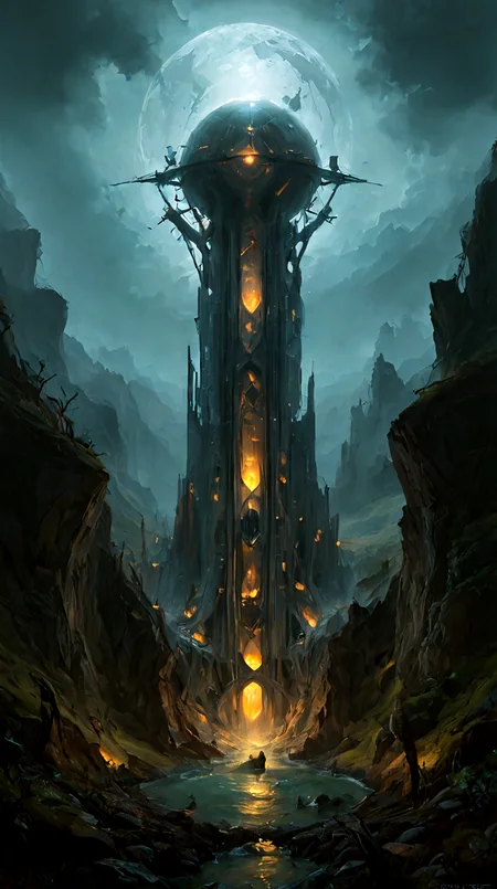 extremely detailed, landscape of an unknown planet, (futuristic monolith:1.8), the monolith is (covered:1.1) with minerals and rare crystals of an alien type, The crystal has sharp, geometric facets in shades of deep orange and blue, amethyst, and emerald, with a subtle internal glow, futuristic landscape, lake, cloudy weather, unreal engine 5, perfect composition, vibrant, rtx, hbao, extremely detailed, maximum resolution, 8k, (perfect composition:1.2), superior color grading, (realistic:1.4), (panoramic composition:1.5), (night photography:1.5), complementary colors, foggy atmosphere, lord of the rings style <lora:zavy-cntrst-sdxl:1> dark, chiaroscuro, low-key <lora:fallout_sdxl_lora:1> fallout, falloutart <lora:add-detail-xl:1> <lora:detailed_notrigger:1>  <lora:OilPainting:1> Oil Painting
