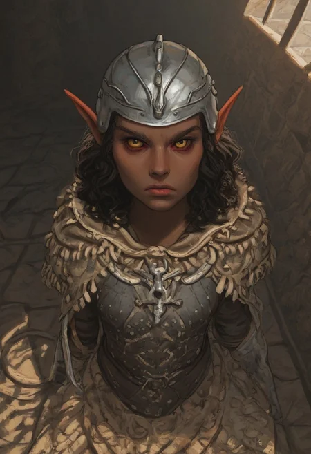 solo, short pointy ears, piercings, random elf face, aquiline features, female dark elf, weathered skin, large nose, insect chitin armor, insect chitin helmet, insect chitin ornaments, stylized insect pattern, athletic build,  animated realism, zoomed out, Syrian features, torso, brass pipes and gears, intricate architecture, dwarven masonry, dwemer fixtures, white-green light, gloomy lighting, ancient ruins, interior, stone tiled floor, grey-blue skin, mahogany and ivory clothes, medium armor, bone plate armor, ivory straps and fittings, alien bone ornaments, grey wood neckguard, deep red sclera, black pupils, blue-green light, neon, highly detailed, defined features, looking at viewer, three quarters view, from above, dynamic lighting, 22 years old, light and shadows, patterned cloth, annoyed expression, expressive eyes, detailed medieval clothes, medium_breasts, medium hair, wavy hair, thick hair, beaded hair, braided hair, under cut hair, semirealistic, alien elf, spanish features, jewish features, light grey hair, dark red hair, sharp features, pastel green inuit print cloak, nighttime, high detail, absurdres, pretty eyes, detailed eyes, yellow eyes,