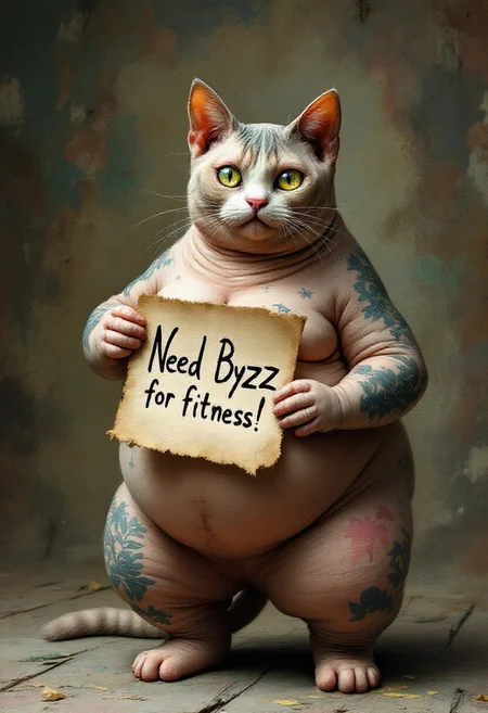 Fat cat, hairless cat,  one holding paint old paper vith lettering "Need Byzz  for fitness ",, fat, covered with tattoes, thick body, funny look, thounge out, small legs,  funny look