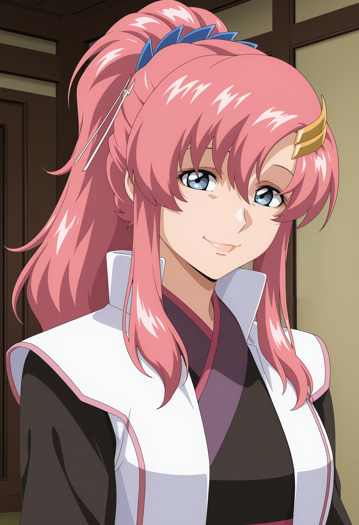 1girl,solo,mm,mature female,pink hair,long hair,hair ornament,blue eyes,anime coloring,
ponytail,kimono,uniform,upper body, looking at viewer, smile,indoors
,masterpiece,best quality,amazing quality,<lora:Lacus_Clyne-Gundam_SEED_Freedom_r1:0.8>