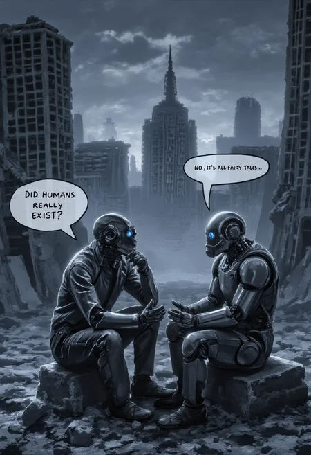 Romantically Apocalypse, digital painting, ruins of a metropolis. Two robots sit on the rubble of a building and talk. There is a speech balloon next to the head of one robot with the text: "Did humans really exist?". There is a speech balloon next to the head of other robot with the text: "No, it's all fairy tales".
<lora:lora:0.8>