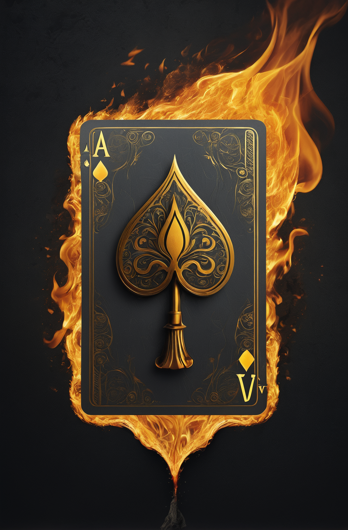 a flaming playing card with a spade, in the style of ingrid baars, digital art techniques, alessio albi, caras ionut, dark gray and gold, wallpaper, 8k 3d