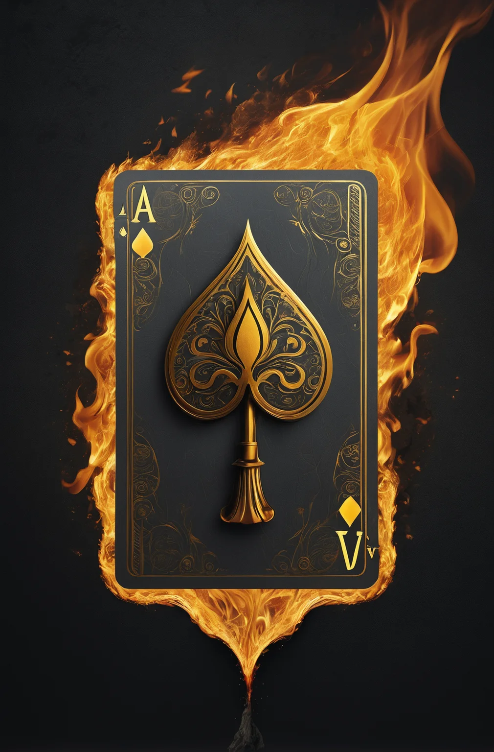 a flaming playing card with a spade, in the style of ingrid baars, digital art techniques, alessio albi, caras ionut, dark gray and gold, wallpaper, 8k 3d