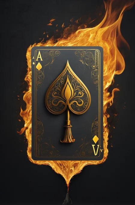 a flaming playing card with a spade, in the style of ingrid baars, digital art techniques, alessio albi, caras ionut, dark gray and gold, wallpaper, 8k 3d