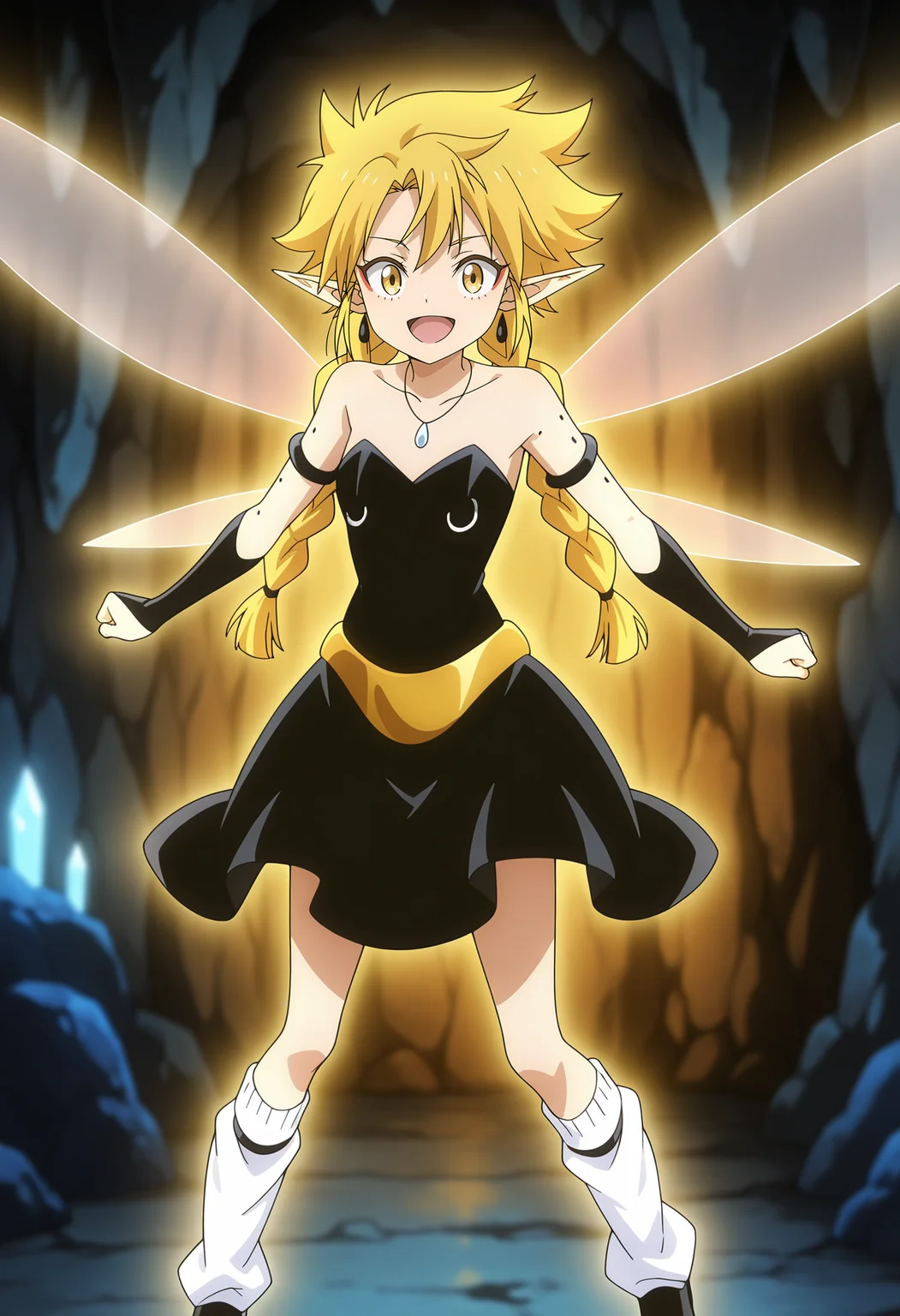 anime screencap, masterpiece, best quality,
<lora:TenSura_Ramiris_IlluXL:0.9>,
1girl, solo, open mouth, smile,
twin braids, long hair, blonde hair, yellow eyes, pointy ears, facial mark, fairy wings, mole on arm,
strapless dress, black dress, armlet, necklace, gold belt, bridal gauntlets, black gloves, loose socks, white socks, black footwear,
aura,
midair, flying, looking at viewer,
indoors, cave, blurry background