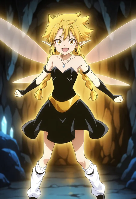 anime screencap, masterpiece, best quality,
<lora:TenSura_Ramiris_IlluXL:0.9>,
1girl, solo, open mouth, smile,
twin braids, long hair, blonde hair, yellow eyes, pointy ears, facial mark, fairy wings, mole on arm,
strapless dress, black dress, armlet, necklace, gold belt, bridal gauntlets, black gloves, loose socks, white socks, black footwear,
aura,
midair, flying, looking at viewer,
indoors, cave, blurry background