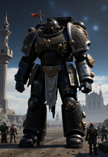 (Masterpiece, ultra-realistic, 32k, best quality, hyper-detailed, cinematic lighting, intricate textures, photorealistic, dramatic composition, immersive depth.)
Golden runes and cybernectic line decorate, Grimmdark, darktale, machanical, Elden rings. Empty space, Interstellar cosmic background.
A brutalist walking Mech, strides across a post-apocalyptic ruin Temple, fighting stance. Its massive armored frame, adorned with gilded plating, pulses with glowing cybernetic runes, blending divine authority with cold mechanical precision. Black mix Golden.
armed with bolter gun.
On the space deck, giant Gothic-mechanical Cathedral nearby.
A dynamic wide-angle shot, with lowkey lighting, deep atmospheric contrast, and high cinematic tension, captures the monumental scale of this gothic-cybernetic war titan.