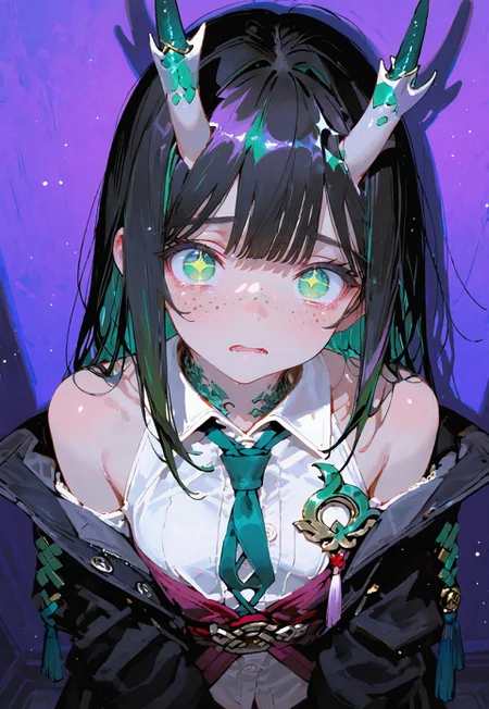 looking at viewer,above torso shot,scared

1 girl,petite,loose unruly messy hair,messy bangs,black hair,green accents hair,fair skin,dragon horns,green eyes, sparkling eyes,freckles

Large Black coat with green accent,coat hanging sleeves,white sleeveless buttoned shirt,green tie, exposed shoulder

Color background, bright purple background,shadow, light from front,glimmer, scales design, sparkling

Cunnystyle,748cmstyle,Smooth_Quality,dynamic pose, foreshortening, extreme perspective,masterpiece,best quality,amazing quality, aesthetic,bright colors,bold lines