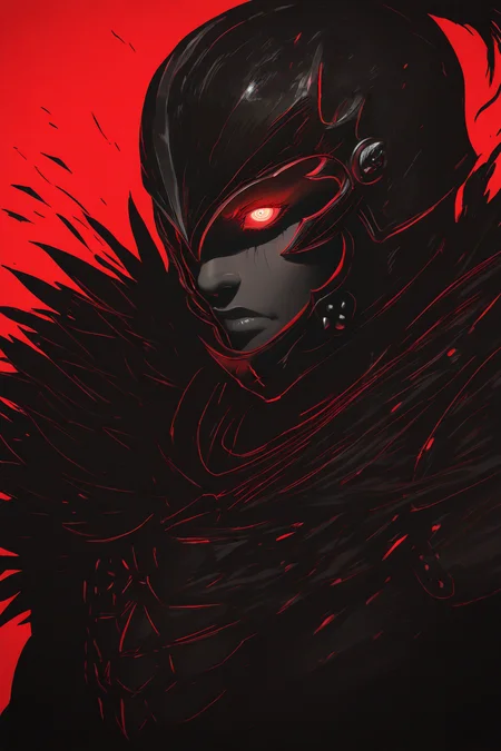 masterpiece, best quality, lone barbarian, red theme, black theme, limited color palette,lineart, fantasy (theme),human,leather armor,studded leather,glowing eyes,helmet,Berserk