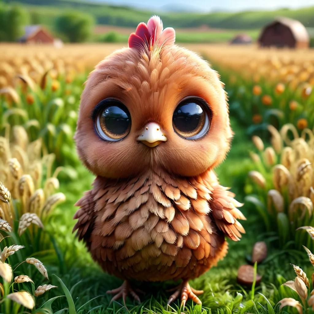 pam-swtvrld brown chicken,field background,full depth of field and realistic textures,highly detailed,masterpiece,high quality