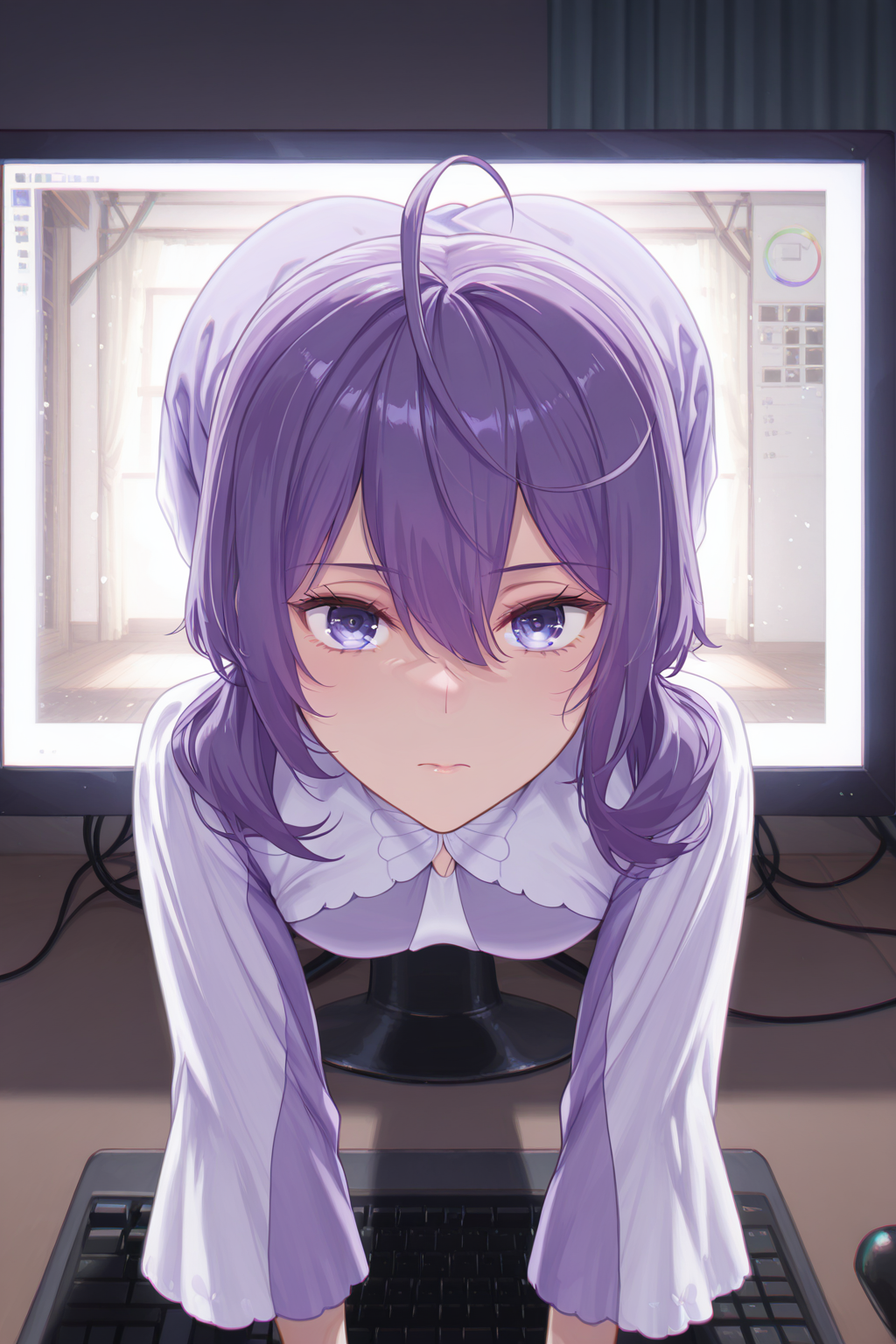 1girl,looking at viewer,facing viewer, breasts,all fours,backlighting,ass, <lora:through_screen_illustrous:1>stuck in monitor,(through screen,monitor,all fours,backlighting,desk, keyboard  <lora:Philia_Adenauer__The_Too-Perfect_Saint__Kanpekisugite_Kawaige_ga_Nai_to_Konyaku_Haki_sareta_Seijo_wa_Ringoku_ni_Urareru:1> philia adenauer,purple hair,ahoge,long hair,blunt bangs,hair over shoulder,hair betveen eyes,purple eyes,small breasts,serious face,dress, two-tone dress, purple dress, white dress, sidelocks, long sleeves,, breasts,digital illustration,1girl, masterpiece, best quality,highres,